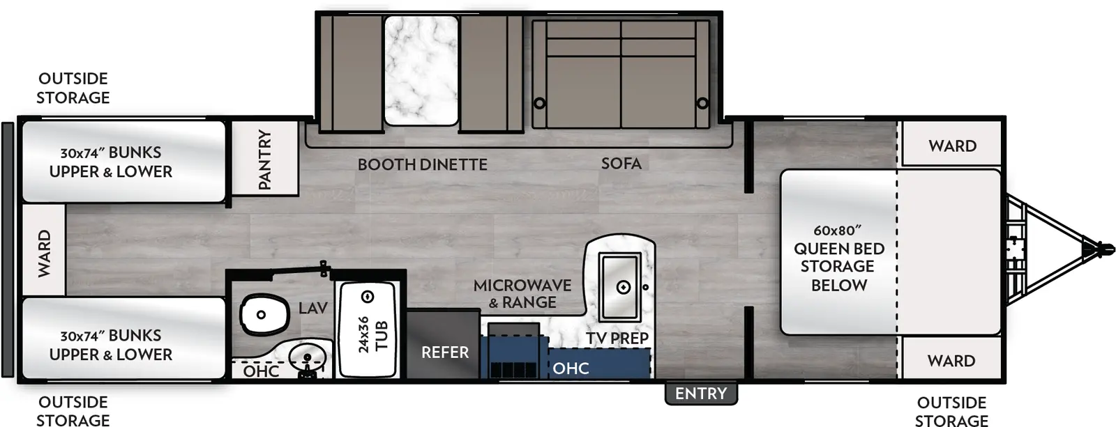 The Apex Ultra-Lite 29BHX floorplan has one entry and one slide out. Exterior features include: fiberglass exterior and 14' awning. Interiors features include: bunk beds and front bedroom.